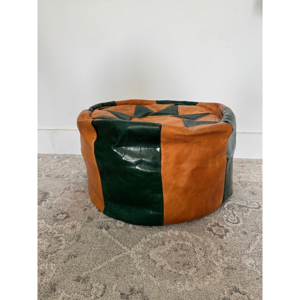 Vintage Moroccan Leather Pouf Ottoman Tooled Green Cognac Brown Floor Seat